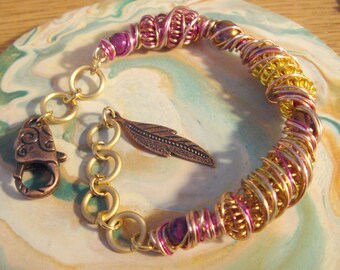 Pink/Gold Wire Wrapped Bracelet #156 Handmade Very Pretty....All ready for you!