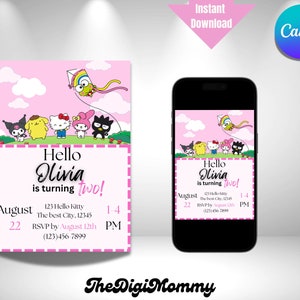 Editable Kitty Birthday Invitation Template | Canva Invite| Kitty Kawaii Birthday Invitation | Cute Birthday Theme| Kitty and Friends