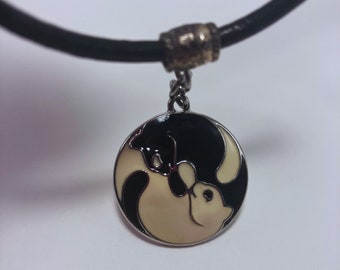 Yin Yang Cat Pendant on Leather Necklace
