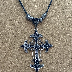 Gothic Style Black and Silver Filigree Cross Pendant on Leahter Necklace