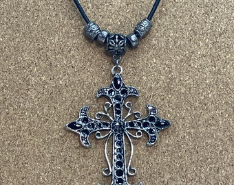 Gothic Style Black and Silver Filigree Cross Pendant on Leahter Necklace