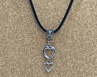 Silver Double Heart Pendant on Velvet Necklace