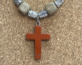 Stone Cross Pendant on Leather Necklace | Orange Jasper