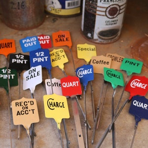 Cash Register Flags, Painted Flags, Tags, pint, quart, charge, coffee, no sale, Planter Stake, Vintage, Wedding, special, 25 coffee