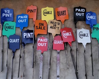 Cash Register Flags, Painted Flags, Tags, pint, quart, charge, coffee, no sale, Planter Stake, Vintage, Wedding, special