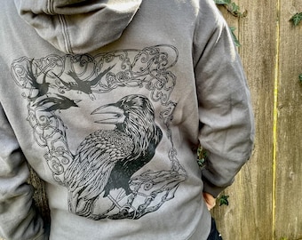 Grey Raven Hoodie, Celtic Branches, Edgar Allan Poe Inspired, Unisex Cotton Fleece Zip Up