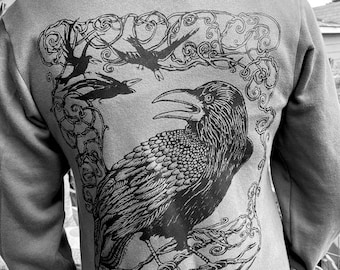 Raven Hoodie Zip Up Unisex Grey Feathers Bird Of Prey Raptor Edgar Allen Poe Murder Black Crow Polycotton Sm M L XL XXL