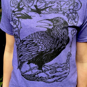 Purple Raven Crow Tshirt Bird Of Prey Poe Celtic Raptor Poly Cotton Gift For Him Her Unisex Tshirt Sm M L XL 2X