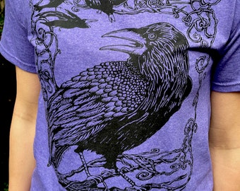 Purple Raven Crow Tshirt Bird Of Prey Poe Celtic Raptor Poly Cotton Gift For Him Her Unisex Tshirt Sm M L XL 2X