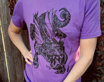 Camiseta unisex Dragon Warrior con estampado de dragón sonriente y gruñón, color gris y morado, protector guardián, manga corta, de algodón.