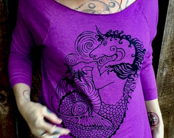 SALE Purple Pink Unicorn Sea Horse T-Shirt Hippocampus Mythology Fish Ocean Monster Three Quarter Sleeve Boatneck Sm M L 2X