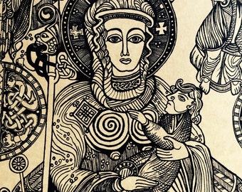 Madonna Virgin Mary Jesus Print from Original Drawing. Pen and Ink from Book of Kells