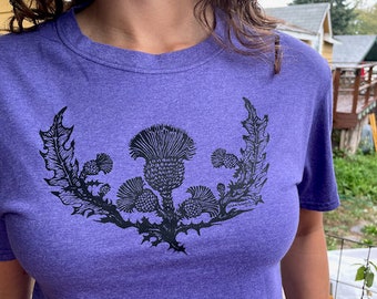 Scottish Thistle Purple T-Shirt Emblem Stretchy Gift For Her Made In USA Sm. M L XL XXL