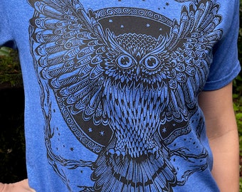 Owl Tshirt Blue Mens Women's Bird of Prey Raptor Feathers Gift For Him/Her Blue Poly Cotton Sm M, L XL, 2X