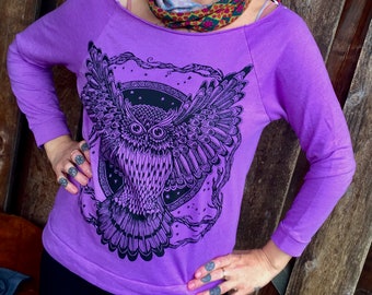 SALE Purple Lavender Owl Tshirt Raptor Bird of Prey Moon 3/4 Sleeve Boatneck Polycotton Medium Only