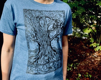 Blue Tree of Life Tshirt Mens Women's Mystical Oak Woods Moon Poly Cotton Unisex Illustration Birds Nature Bees S M L XL 2X