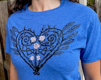Unisex T-Shirt Celtic Heart Feathers Unconditional Love Roses Everlasting Happiness Nature Earth Heather Blue S, M, L, XL, XXL