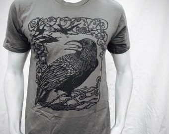 Gray Raven Tshirt Crow Bird Poe Pagan Clothing Celtic Unisex Poly Cotton Gift For Him Tshirt S M L  XL 2X