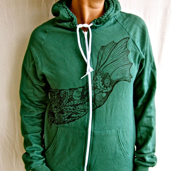 Green Mermaid Hoodie Unisex Double Sided Tail on Front Mermaid Swimming on Back Siren Made in USA Cotton Fleece Medium Only