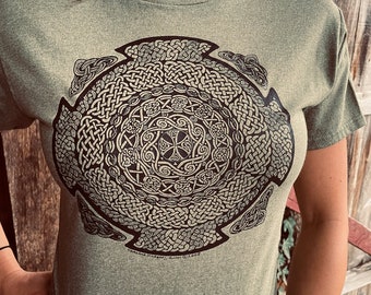 Celtic Cross Green Mandala Tshirt Wisdom Expansion Knot Work Interlacing Green Irish Sacred Ancient Polycotton Sm, M, L, XL, XXL