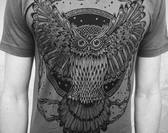 Owl Tshirt Bird of Prey Raptor Feathers Gift For Him/Her Grey Poly Cotton S M L XL 2X