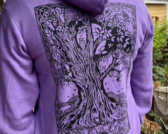 Purple Tree of Life Hoodie Mystical Oak Woods Moon Poly Cotton Unisex Illustration Birds Nature Bees S M L XL 2X