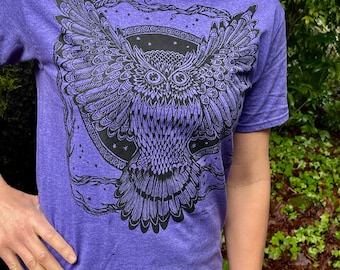 Owl Tshirt Purple Wise Owl Moon Witchy Bird of Prey Feathers Mystical Raptor Feathers Sm M, L XL, 2X