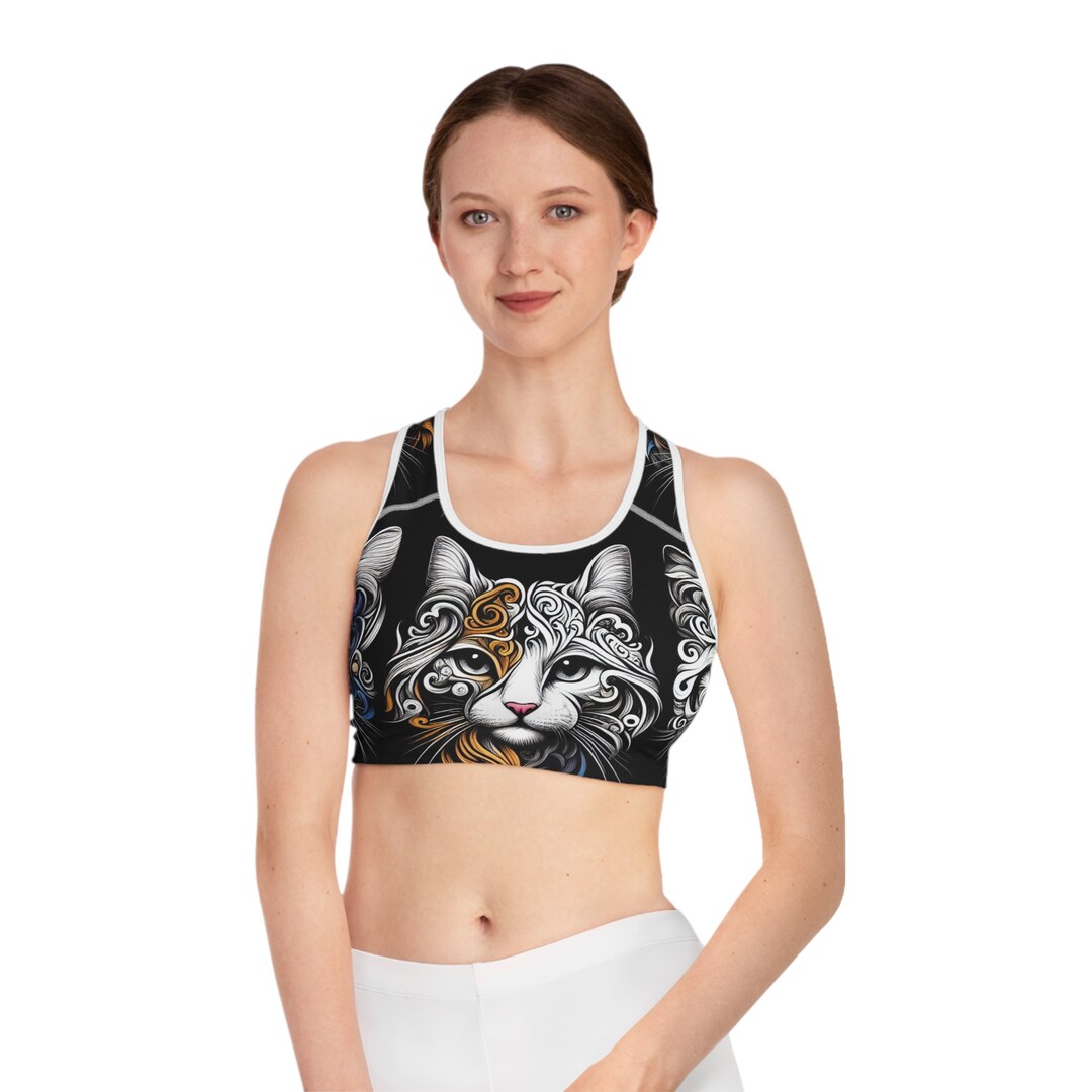 Pink Cute Cat Print Sports Bra