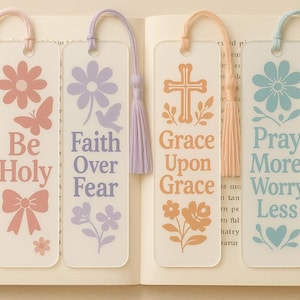 4-Pack Acrylic Christian Bookmarks – Girly Faith Bookmark Collection with Tassels | Scripture & Inspirational Vinyl Designs