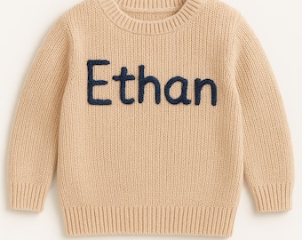 Personalized Toddler Knit Sweater – Custom Hand Embroidery with Name or Candy Cane Christmas Sweater | Baby Boy and Girl Gift
