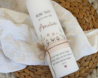 Vela de bautizo “Magia Floral” con delicadas flores de acuarela en rosa pastel para niñas