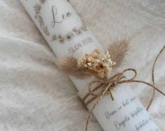 Kommunionkerze / Taufkerze  „Lea" mit Regenbogen und Trockenblumen in warmen Beige-Creme-Farben / modern / verspielt / schlicht / Mädchen