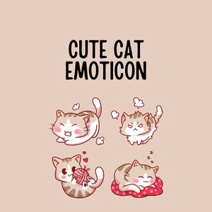 Può includere: Quattro emoticon di gatto di cartone animato carini con espressioni diverse. Il primo gatto sorride e guarda a destra. Il secondo gatto è arrabbiato e guarda a destra. Il terzo gatto tiene una palla di lana e guarda a destra. Il quarto gatto dorme su un cuscino rosso e guarda a destra.