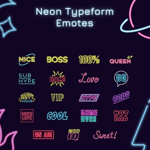 May include: A collection of neon signs with various phrases and words, including "Nice", "Boss", "100%", "Queen", "Sub Hype", "Bam!" , "Love", "GG", "Happy Hour", "VIP", "Hype", "Oops", "Much Love", "Cool", "Game Over", "Not Bad", "On Air", "200 IQ", and "Sweet!"
