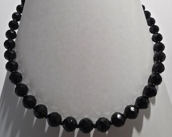 Vintage Black Faceted Glass Bead Necklace – Glossy Statement Strand – Mother's Day Gift for Mom