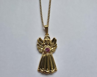 Vintage Avon Guardian Angel Necklace Gold Tone | Pink Rhinestone Pendant | Retro Religious Jewelry