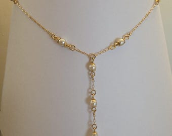 Gold Tone Pearl Drop Necklace – Dainty Bridal Style Jewelry – Vintage Inspired Beaded Necklace Mother's Day Gift for Mom
