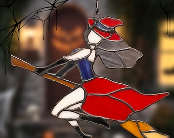 Stained Glass Witch Suncatcher – Halloween Window Hanging Decoration, Spooky Witch on Broomstick Gift, Gothic Home Decor