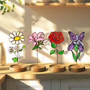 Stained Glass Flower, Personalized Birth Month Flower Stained Glass, Birthday Gift for Her, Home Decor, Flower Garden Stake, Faux Flower