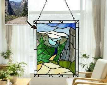 Personalized Landscape Stained Glass, Custom Photo Window Hanging, Mountain Suncatcher, Scenic Nature Glass Art Gift for Home