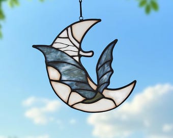 Bat and Moon Stained Glass Suncatcher – Gothic Crescent Moon Window Decor – Handmade Halloween Bat Glass Ornament – Witchy Spooky Wall Art