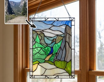 Personalized Landscape Stained Glass, Custom Photo Window Hanging, Mountain Suncatcher, Scenic Nature Glass Art Gift for Home