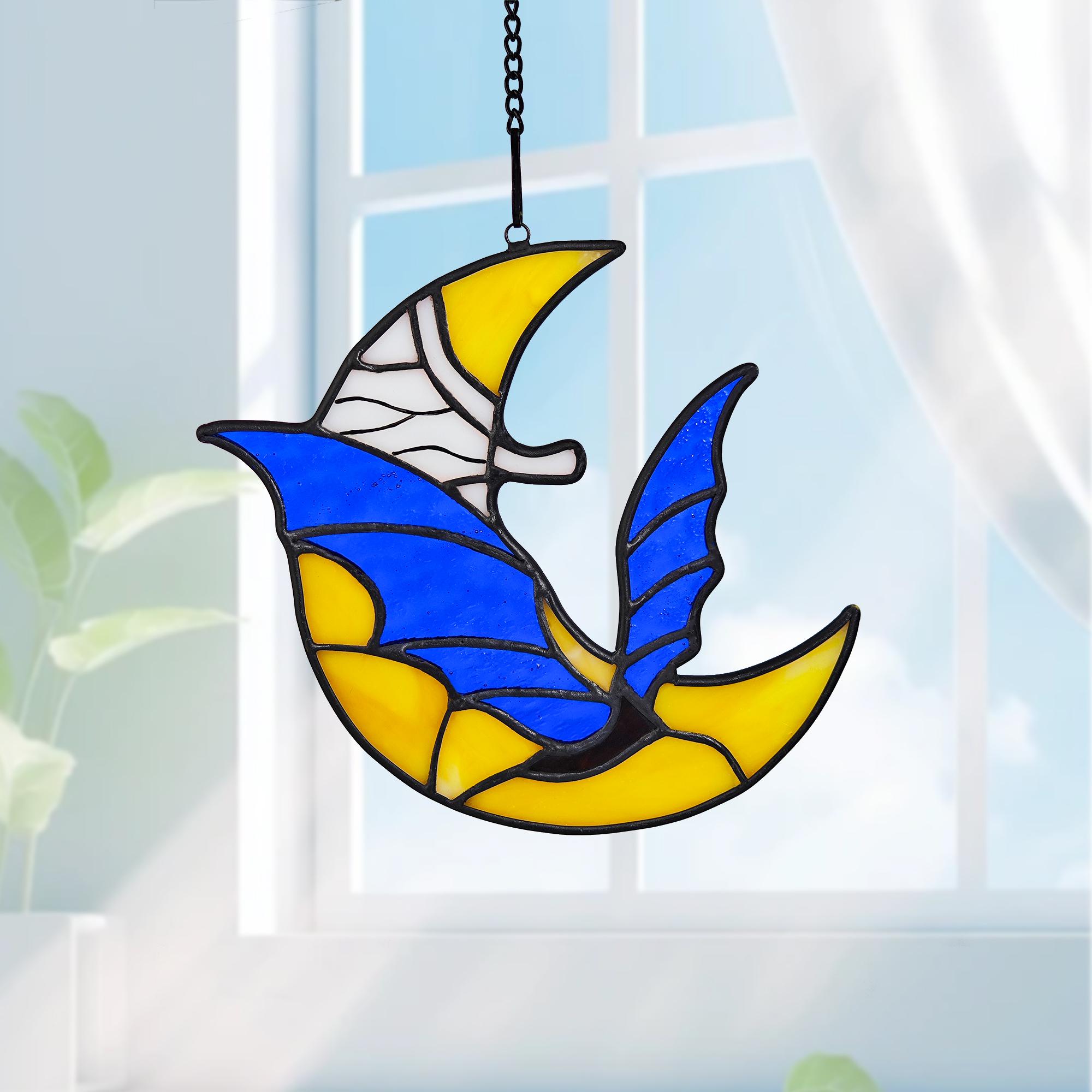 Bat and Moon Stained Glass Suncatcher, Gothic Crescent Moon Window Decor, Handmade Halloween Bat Glass Ornament, Witchy Spooky Wall Art
