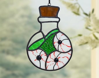 Eyeball Potion Stained Glass Suncatcher, Spooky Halloween Window Decor, Creepy Handmade Glass Art Ornament, Witch Lab Gift for Horror Fans