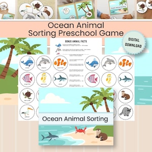 Op de afbeelding: Een sorteerspel met oceaandieren voor kleuters met ronde kaarten met illustraties van zeedieren zoals walvissen, dolfijnen, anemoonvissen en zeeschildpadden. De set bevat een sorteermat met een strandscène en een blad met dierenfeitjes.