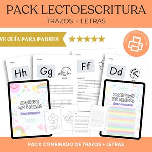 May include: A digital educational pack for learning to read and write, featuring workbooks and tablets. The pack includes tracing exercises and letter practice, with the text "PACK LECTOESCRITURA TRAZOS + LETRAS" and "INCLUYE GUÍA PARA PADRES".