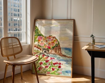 Cuadro de Positano / Pintura colorida de la costa italiana / Descarga digital mediterránea