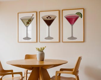Martini Wall Art Set of 3 | Rhinestone Gem Cocktail Prints | Digital Download
