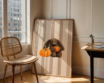 Bunny & Pumpkin Wall Art | Vintage Autumn Print | Whimsical Fall Digital Download