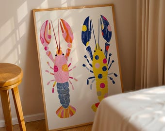 Lámina decorativa de langosta colorida para pared / Lámina de decoración costera / Descarga digital náutica de verano